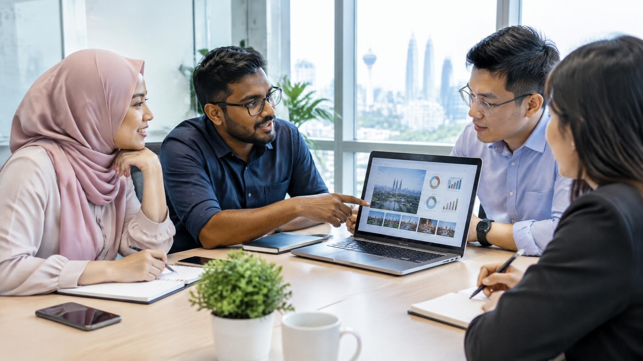 Diverse colleagues gathered around a table discussing a laptop in a meeting room