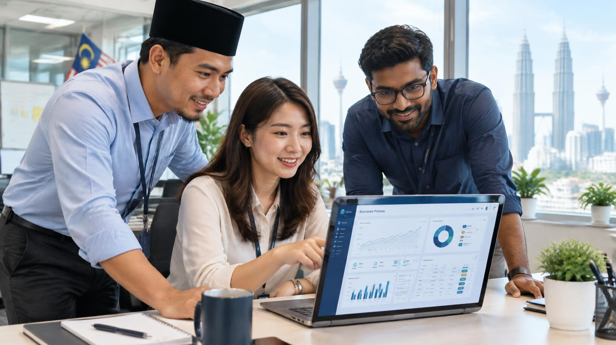 Diverse team of Malaysian professionals reviewing insurance software dashboards on a laptop in a bright office